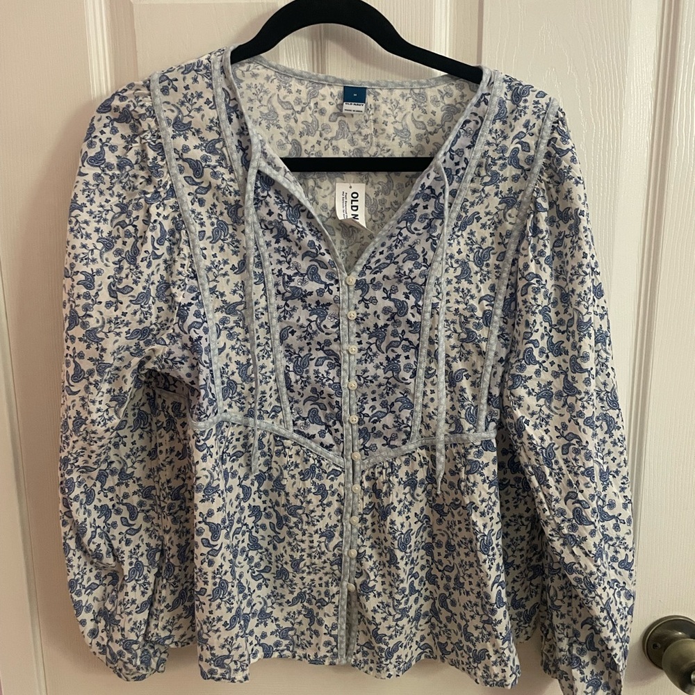 Old Navy White and Blue Paisley Blouse